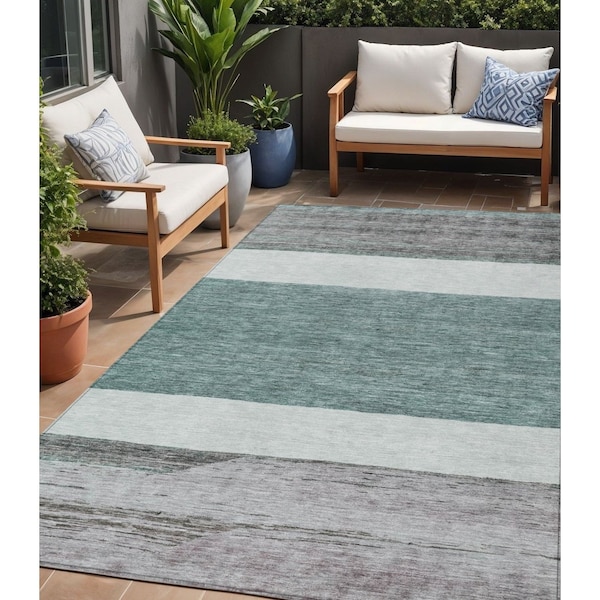 Homeroots 5' X 8' Teal Blue Off White And Gray Abstract Washable Indoor Outdoor Area Rug 615297 - main