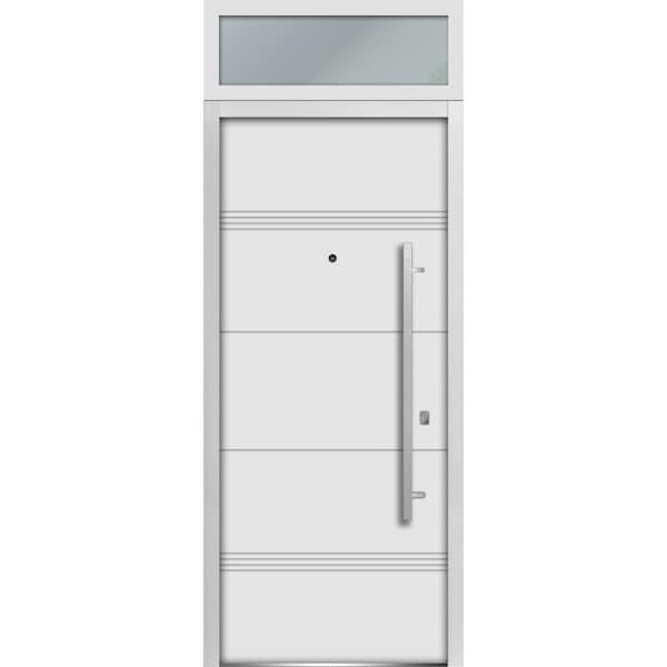 Vdomdoors Steel Door Deux 1705 White Enamel Transom Black Window Stainless Inserts Single Modern Painted-W36x DEUX1705EXD-BEM-W36 x H80+16-Left-hand Inswing - main