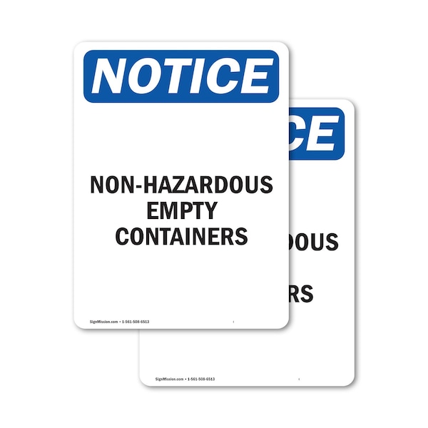 Signmission Non-Hazardous Empty Containers OSHA Notice Sign, Vinyl Decal, 5in W x 7in L, 2PK OS-2PACK-NS-D-57-V-15069 - main