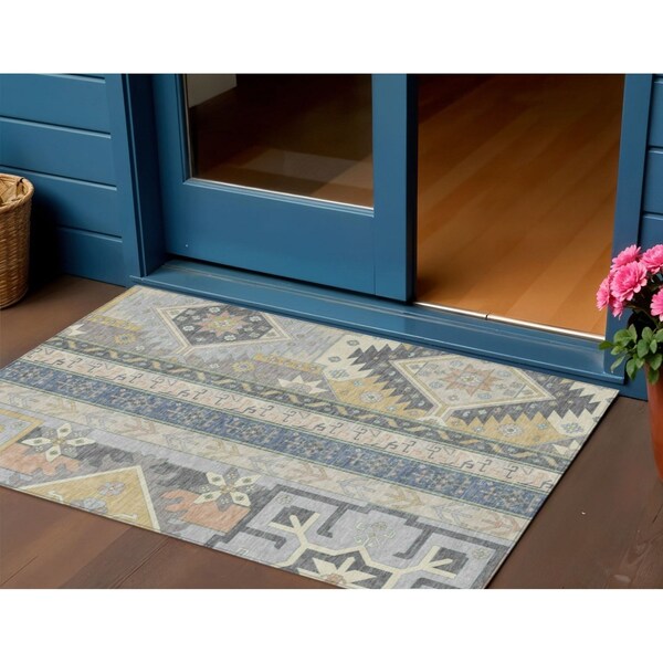 Homeroots 3' X 5' Silver Beige And Gold Aztec Washable Indoor Outdoor Area Rug 598514 - main