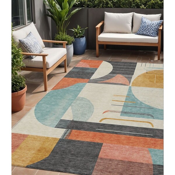 Homeroots 5' X 8' Gray Gold And Salmon Geometric Washable Indoor Outdoor Area Rug 617981 - main