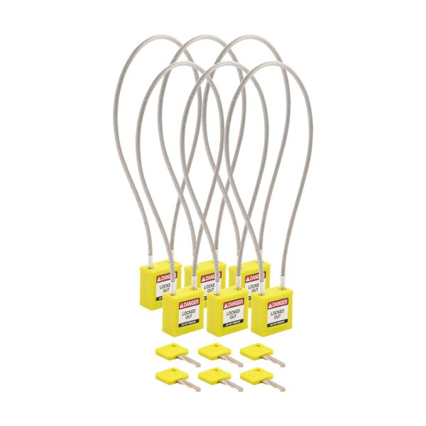 Brady Velocity 16in Compact Cable Lockout Padlocks Nylon 8in Shackle Clearance KA YL 6PK CPPL-YLW-400CB-KA6 - main
