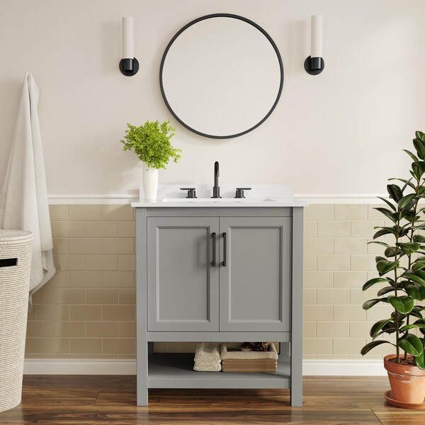 Flash Furniture Vega 30in. Vanity w/Sink, Soft Close Doors & Open Shelf, Carrara Marble, Black Hardware, Gray/White FS-VEGA30-GY-HDBLK-GG - main