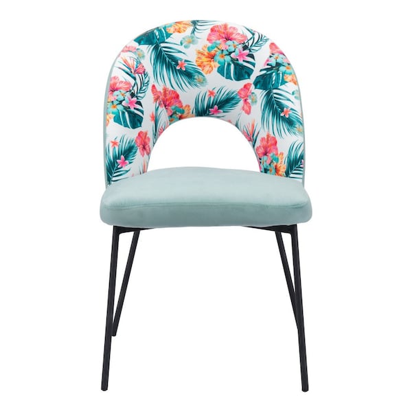 Homeroots Set of Two Green and Black Velvet And Steel Tropical Floral Dining Side Chairs, 2PK 555771 - main