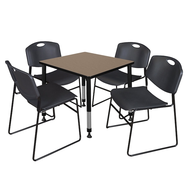 Regency Square Kee Adjustable Classroom Table W/ 4 Zeng Stack Chairs, 30 in W, 30 in L, Noble Oak TB3030NOAPBK44BK - main