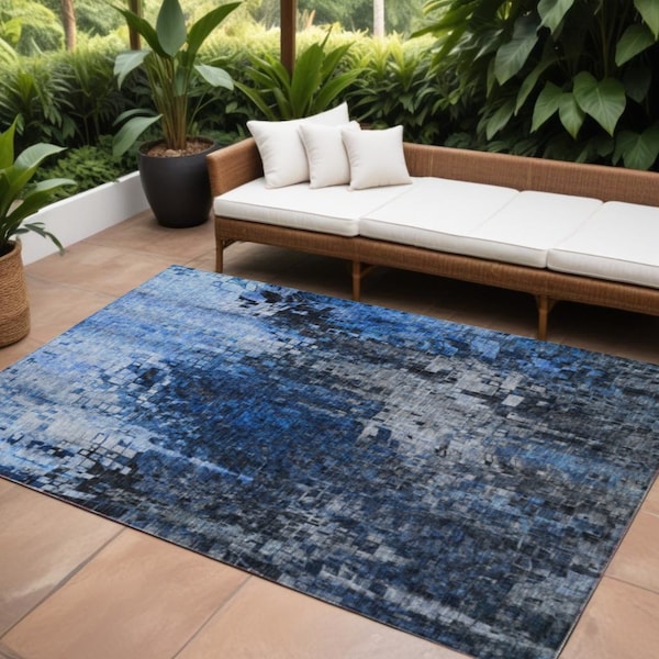 Homeroots 8' X 10' Navy Blue And Denim Blue Abstract Washable Indoor Outdoor Area Rug 577232 - main