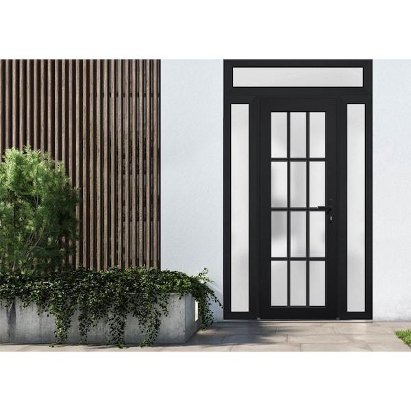 Vdomdoors Front Exterior Prehung FiberGlass Door Frosted Glass / Manux 8312 Matte Black / 2 Sidelight and Tra MANUX8312EXD-BLK-W12+36+12 x H80+14-LH - main