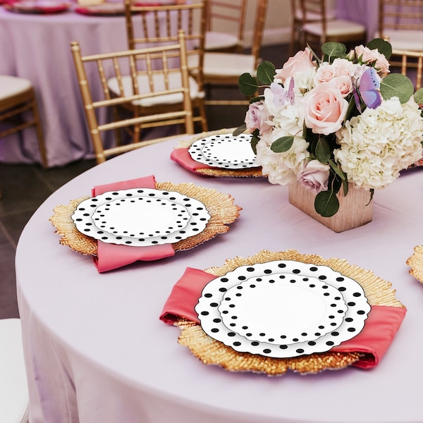 Smarty Had A Party White w/Black Dots Round Blossom Plastic Dinnerware Set (120 Dinner Plates+120 Salad Plates), 240PK 980-B-VP-CASE - main