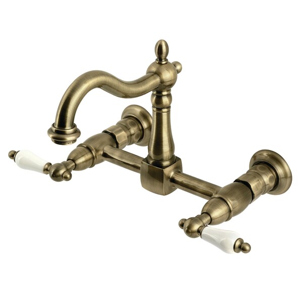 Kingston Brass Two-Handle Wall Mount Bridge Kitchen Faucet, Antique Brass KS1263PL - main