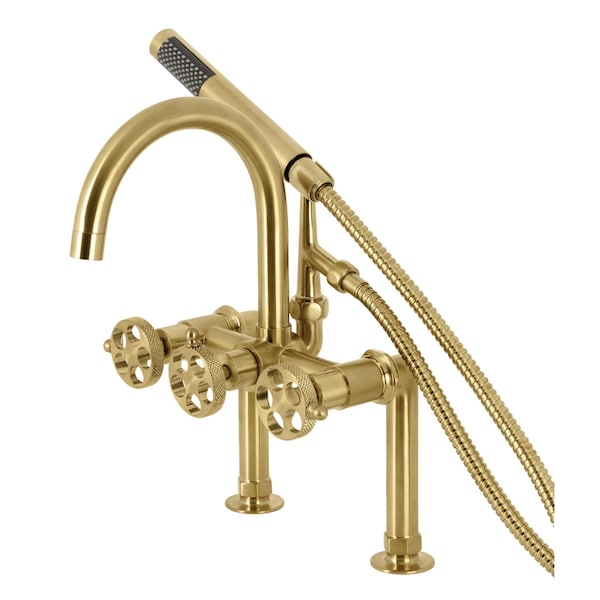 Kingston Brass 7" Center Deck-Mount Clawfoot Tub Faucet with Knurled Handle and Hand Shower, Brushed Brass AE8107RKX - main