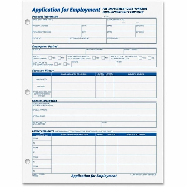 Tops 32851 Application for Employment 8-1/2 x 11 Two 50-Form Pads Pack 32851 - main
