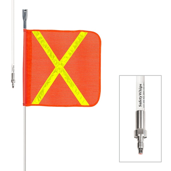 Safetywhips Warning Whip Heavy Duty Whip with Flag, White Whip, Orange Flag, Yellow Reflective X, 72 Length SW06QD-X - main