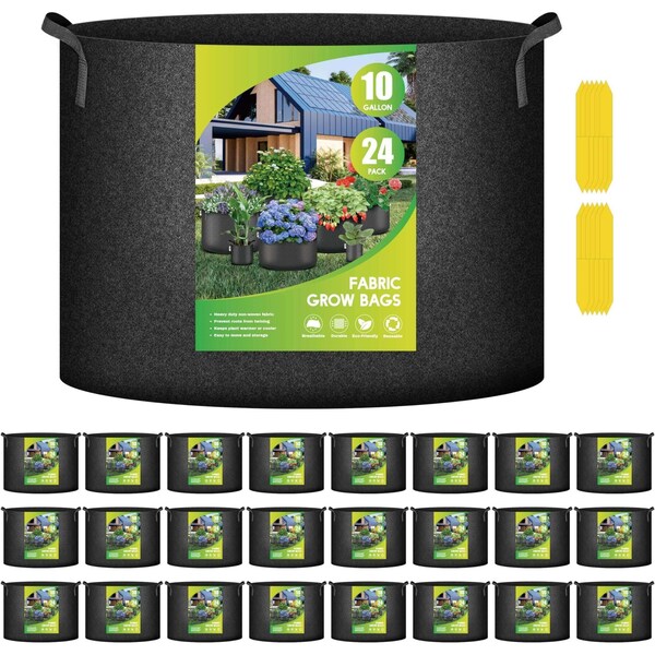 Ipower YSSOA Grow Bags 10 Gallon 300G Reusable Breathable Gardening Pots w/ Handles Non-Woven Fabric, 24PK GLGROWBAG10X6BLKX4 - main