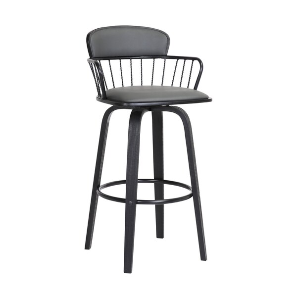 Homeroots 30" Gray And Black Faux Leather Swivel Low Back Bar Height Bar Chair 534443 - main