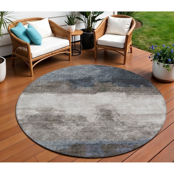 Homeroots 8' Gray Black And Brown Round Abstract Washable Indoor Outdoor Area Rug 603025 - main