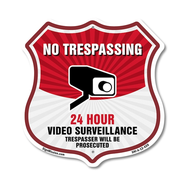 Signmission No Trespassing Shield Sign 24 Hour Video, 12 Inch X 12 Inch, Aluminum Metal Sign SHI-A-12-420 - main