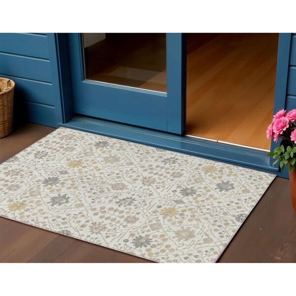 Homeroots 3' X 5' Ivory Beige And Gray Oriental Washable Indoor Outdoor Area Rug 598052 - main