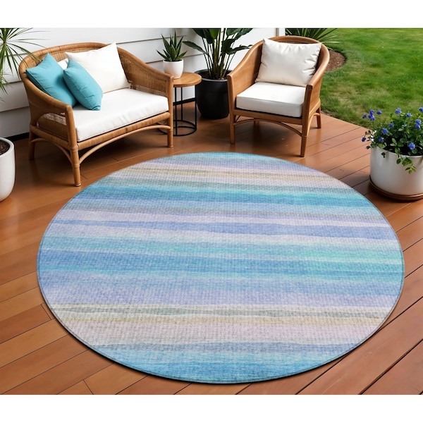 Homeroots 8' Aqua Lavender And Peach Round Striped Washable Indoor Outdoor Area Rug 631199 - main