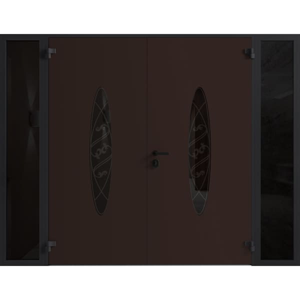Vdomdoors Front Exterior Prehung Aluminum Double Doors Ronex1277 Brown Mirrored Clear Glass 2 Sidelights RONEX1277DEXD-BRW-W12+72+12xH96-RH-I - main