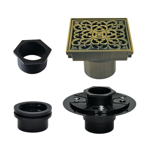Kingston Brass 4" Brass Square Grid Shower Drain with Hair Strainer and Base Flange, Antique Brass BSFK9771AB - main