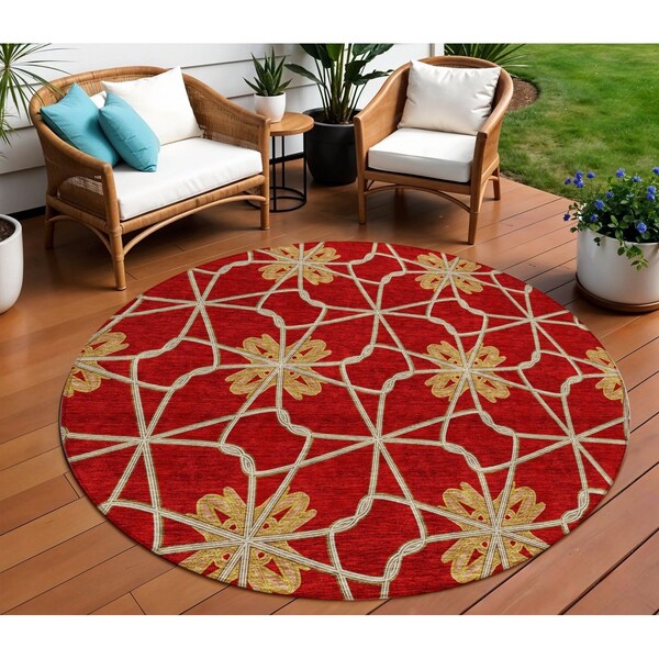 Homeroots 8' Orange And Gold Round Geometric Washable Indoor Outdoor Area Rug 613448 - main