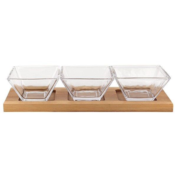 Homeroots Four Piece Clear And Natural Crystal And Solid Wood Condiment Server 375724 - main