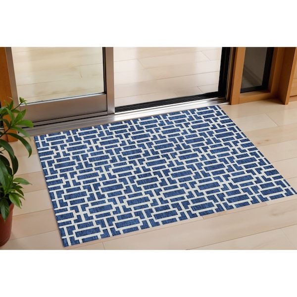 Homeroots 3' X 5' Navy Blue And Ivory Geometric Washable Indoor Outdoor Area Rug 594857 - main