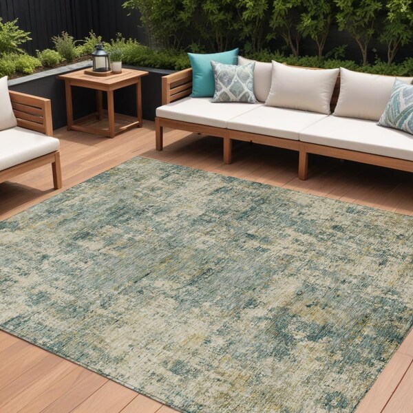 Homeroots 9' X 12' Artichoke Green And Teal Blue Abstract Washable Indoor Outdoor Area Rug 630523 - main