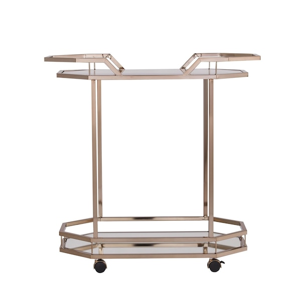 Homeroots 31in Champagne Iron and Mirrored Glass Octagonal Rolling Bar Cart 402583 - main