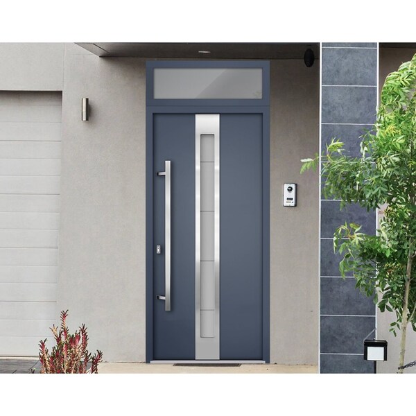 Vdomdoors Steel Door Deux 1717 Gray Graphite Transom Window Stainless Inserts Single Modern Painted-W36xH80+1 DEUX1717EXD-GRE-W36 x H80+16-Right-hand Inswing - main