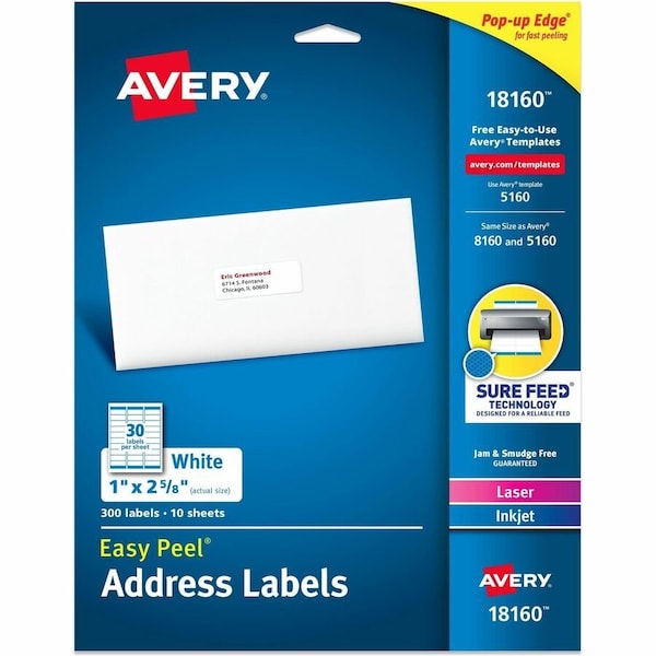 Avery Easy Peel Address Labels, Sure Feed Technology, 1in W x 2 5/8in L, Permanent Adhesive, 300PK 18160 - main