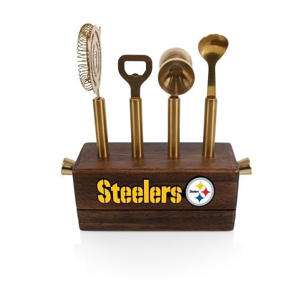 Picnic Time Family Of Brands NFL Pittsburgh Steelers Sidecar 5-Piece Bar Tool Set, (Acacia Wood) 672-05-508-257-2 - main