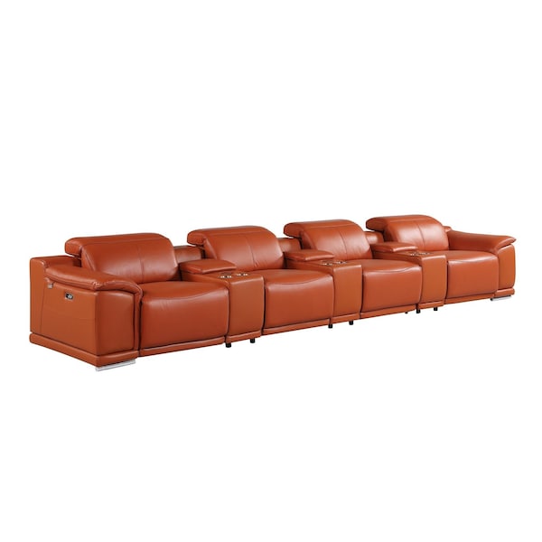 Homeroots 175" Camel Italian Leather Reclining Metal USB Sofa 720413 - main