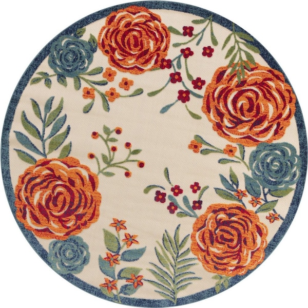 Homeroots 8' Ivory Orange Green And Blue Round Floral Indoor Outdoor Area Rug 548069 - main
