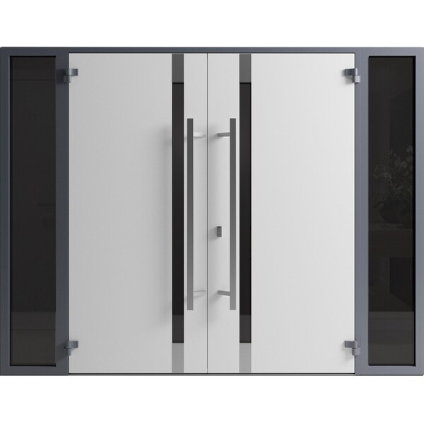Vdomdoors Front Exterior Prehung Aluminum Double Doors Ronex1011 Grey 2 Sidelights Mirrored Clear Glass Entry RONEX1011DEXD-GRE-W16+72+16xH80-RH-I - main