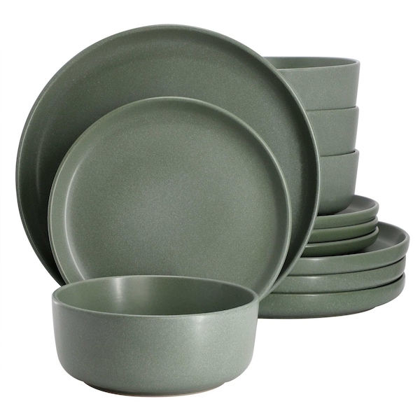 Soho Lounge Bryant Park 12 Piece Reactive Stoneware Dinnerware Set in Sage Green 750123473M - main
