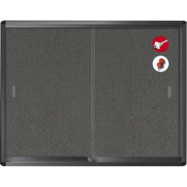 Mastervision Enclosed Locking Sliding Doors Bulletin Board, Wall Mount, 38"x45", Gray Fabric, Black Frame VT640103717 - main