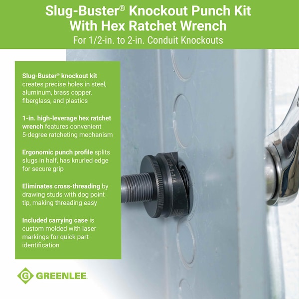 Greenlee Slug-Buster Knockout Punch Kit w/ Hex Ratchet Wrench, 1/2