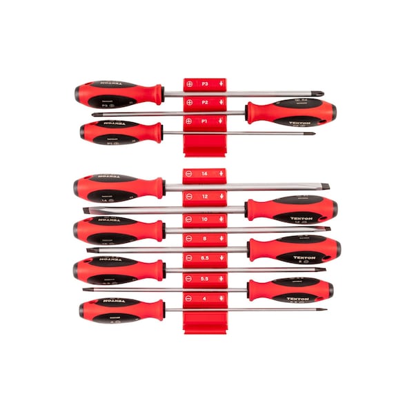 Tekton Phillips and Slotted Screwdriver Set w/Red Modular Organizers-8in Shanks, 10pc ( #1-#3, 4-14mm) DWZ90118 - main