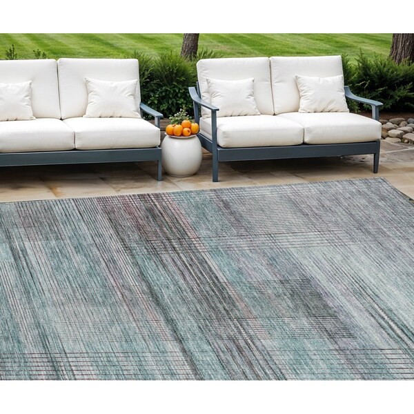Homeroots 9' X 12' Teal Blue Gray And Charcoal Striped Washable Indoor Outdoor Area Rug 588074 - main