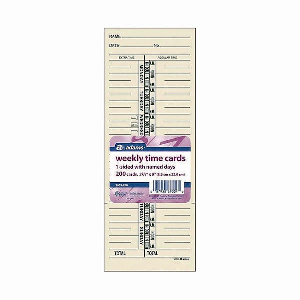 Adams Business Forms Time Cards for Acroprint, Amano and Lathem Time Clocks, One Side, 3.38in x 9in, 200PK 9659-200 - main