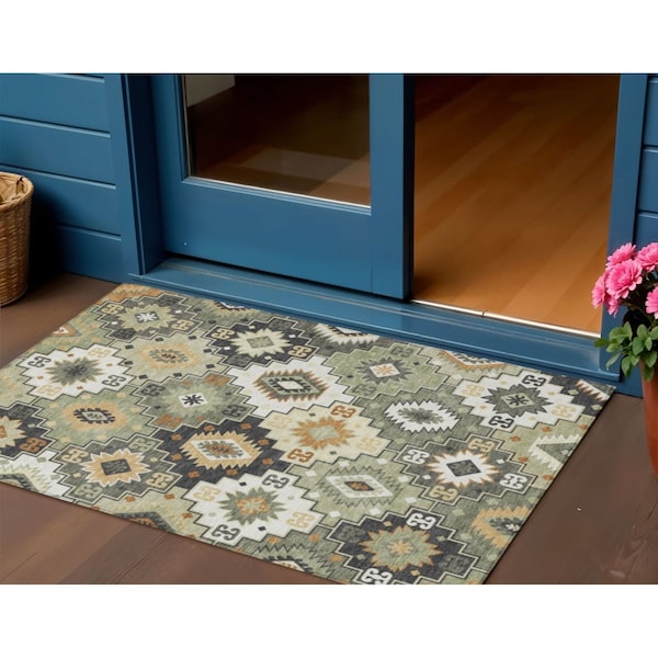 Homeroots 3' X 5' Fern Green Gold And Charcoal Southwestern Washable Indoor Outdoor Area Rug 632263 - main