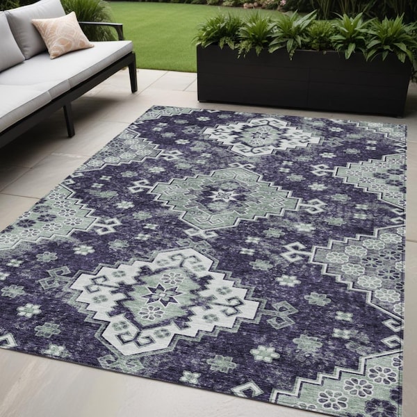 Homeroots 5' X 8' Purple Eggplant And Sage Medallion Washable Indoor Outdoor Area Rug 589015 - main