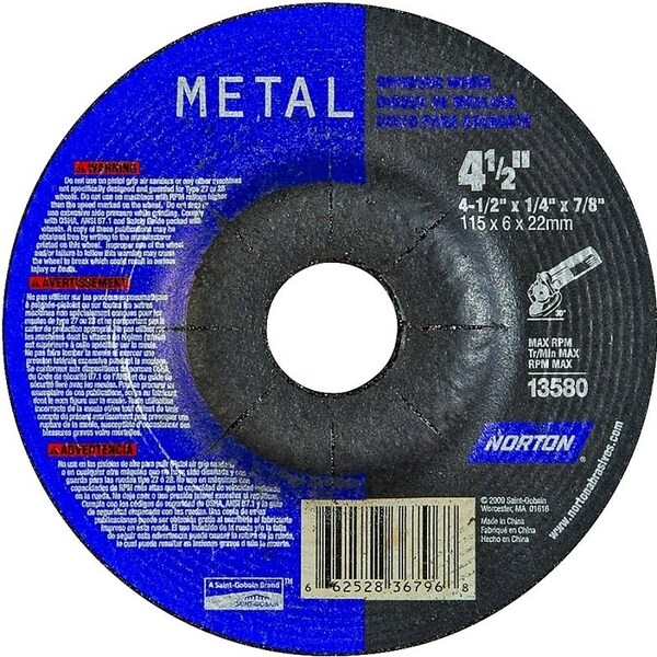 Norton Co Grinding Wheel, 412 in Dia, 14 in Thick, 78 in Arbor, 24 Grit, Extra Coarse 66252836796 - main
