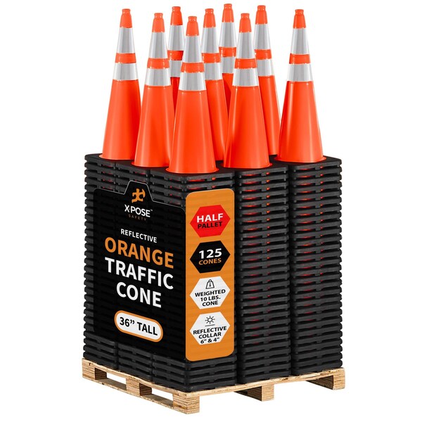 Xpose Safety Traffic Safety Cone, 36 in, PVC, Dual 6 in & 4 in Collar, DOT Approved, Orange, 125 PK, Half Pallet OTC36-64-HP125-X - main