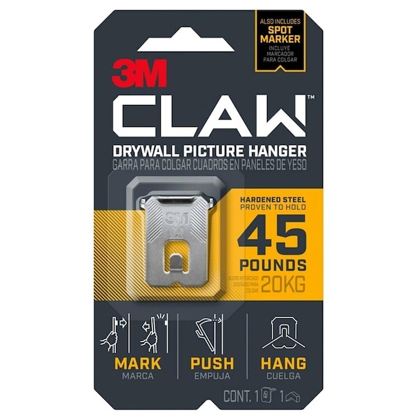 Claw 3M Drywall Picture Hanger, 45 lb, Steel, Push-In Mounting 3PH45M-1ES - main
