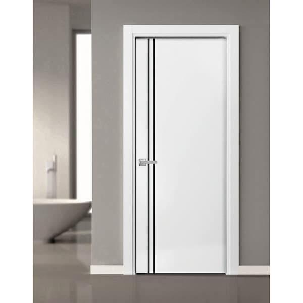 Sartodoors Modern Solid Interior Door with Handle, Planum 0016 White Silk and Aluminum Strips, Single Regural PLANUM0016ID-WS-18 - main