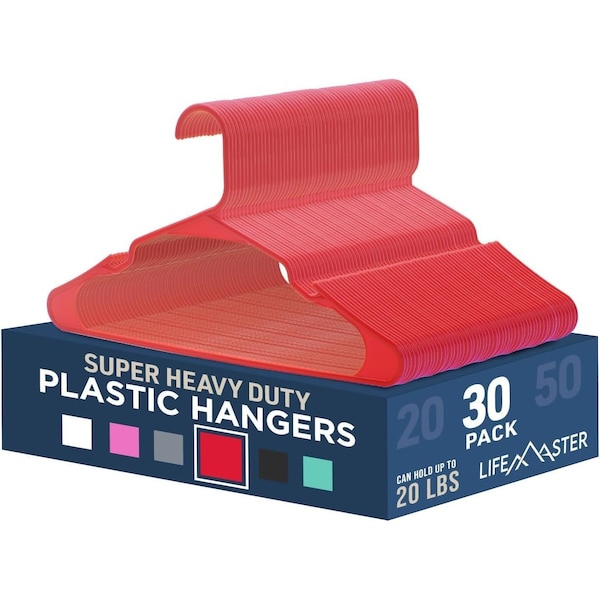 Lifemaster Heavy-Duty Plastic Hangers, Non-Slip, Space-Saving, Holds 5 lbs, Red, 30PK LMPLCRED30 - main
