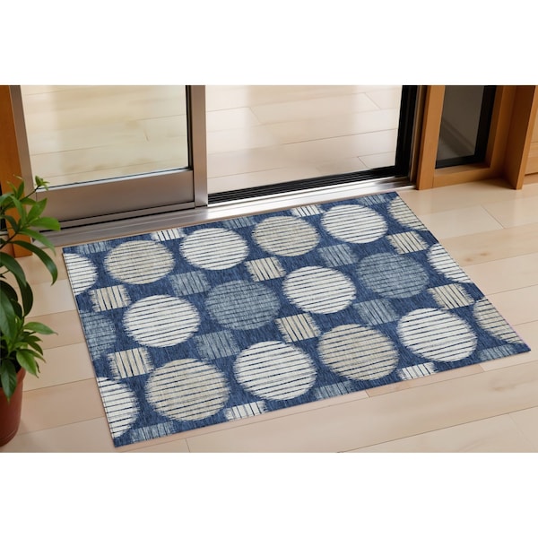 Homeroots 3' X 5' Navy Blue And Ivory Geometric Washable Indoor Outdoor Area Rug 593606 - main