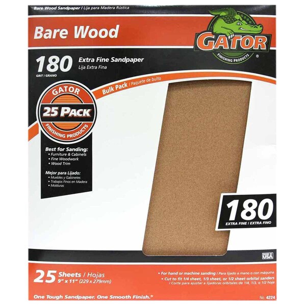 Gator Finishing 9 x 11 in. Bare Wood Sandpaper, 180 Grit, Fine, 25PK 4224 - main